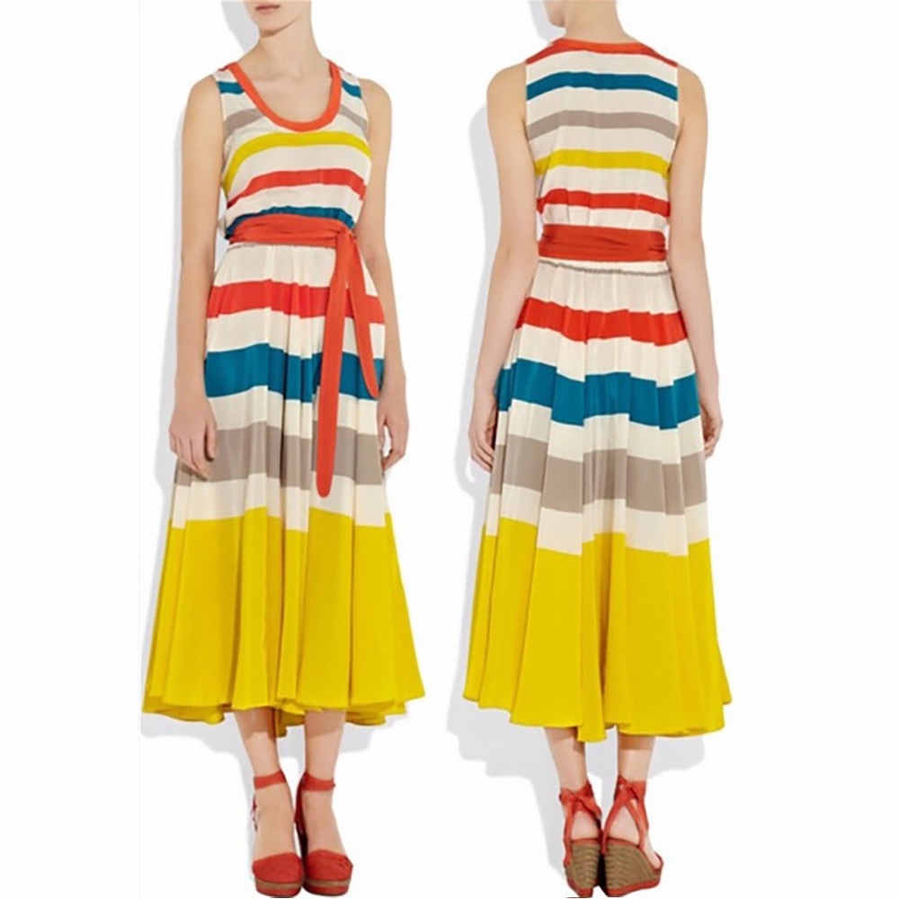 Marc by Marc Jacobs Simone Silk Stripe Midi Dress Colorful Rainbow Colorblock S